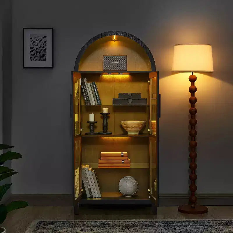 High Arched Storage Cabinet with Lamp, Modern Retro-Style Wooden Storage Cabinet with Adjustable Glass Partitions Black