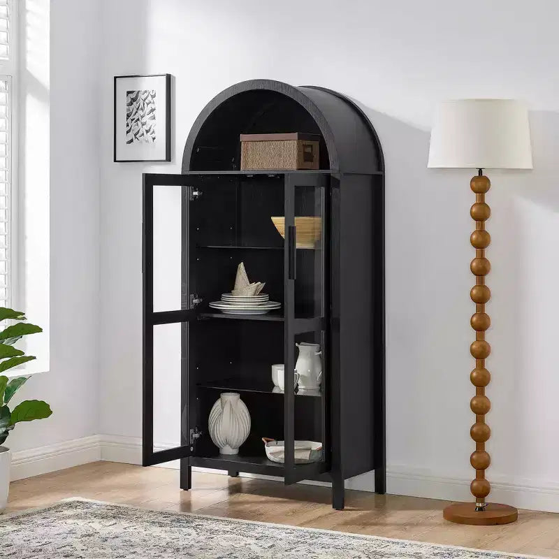 Mobile Contenitore ad Arco Alto con Lampada, Mobile Contenitore Moderno in Legno Stile Retrò con Divisori in Vetro Regolabili Nero