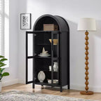 Mobile Contenitore ad Arco Alto con Lampada, Mobile Contenitore Moderno in Legno Stile Retrò con Divisori in Vetro Regolabili Nero
