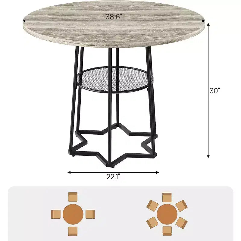 Tavolo da Cucina 38Farmhouse con Base Esagonale in Metallo e Ripiano Portaoggetti, Tavolo da Pranzo Rotondo Moderno per 4 Persone, Piano in Legno Salvaspazio per Cucina, Soggiorno