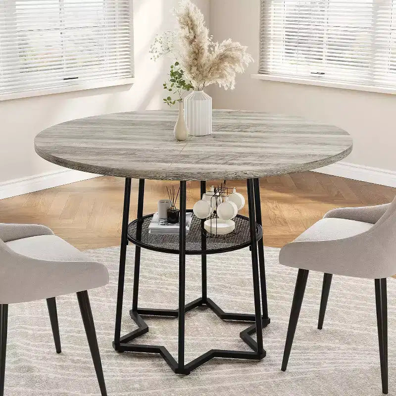 Tavolo da Cucina 38Farmhouse con Base Esagonale in Metallo e Ripiano Portaoggetti, Tavolo da Pranzo Rotondo Moderno per 4 Persone, Piano in Legno Salvaspazio per Cucina, Soggiorno