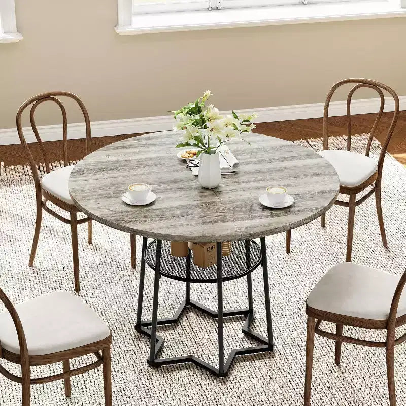 Tavolo da Cucina 38Farmhouse con Base Esagonale in Metallo e Ripiano Portaoggetti, Tavolo da Pranzo Rotondo Moderno per 4 Persone, Piano in Legno Salvaspazio per Cucina, Soggiorno