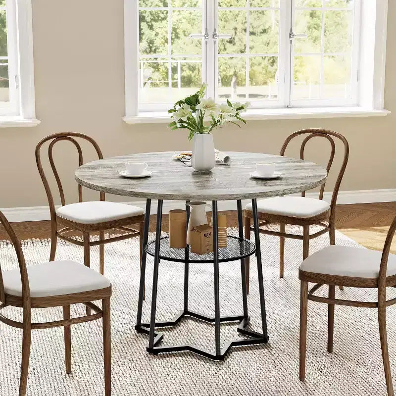 Tavolo da Cucina 38Farmhouse con Base Esagonale in Metallo e Ripiano Portaoggetti, Tavolo da Pranzo Rotondo Moderno per 4 Persone, Piano in Legno Salvaspazio per Cucina, Soggiorno
