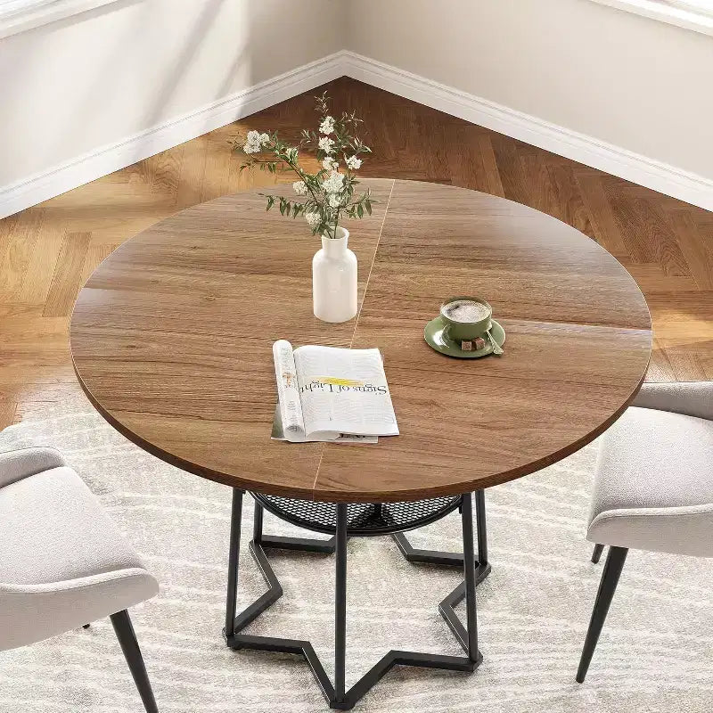 Tavolo da Cucina 38Farmhouse con Base Esagonale in Metallo e Ripiano Portaoggetti, Tavolo da Pranzo Rotondo Moderno per 4 Persone, Piano in Legno Salvaspazio per Cucina, Soggiorno