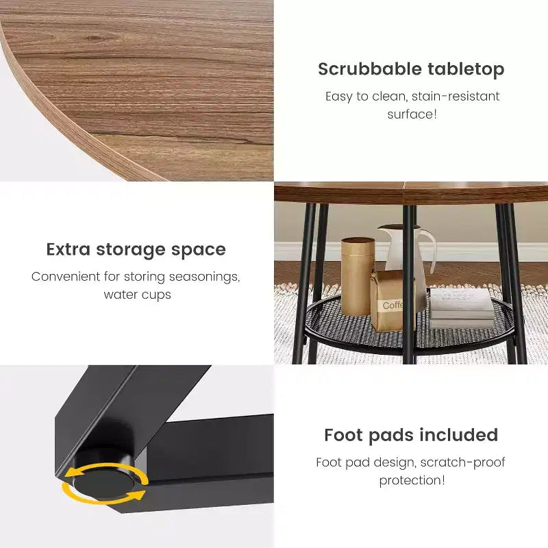 Tavolo da Cucina 38Farmhouse con Base Esagonale in Metallo e Ripiano Portaoggetti, Tavolo da Pranzo Rotondo Moderno per 4 Persone, Piano in Legno Salvaspazio per Cucina, Soggiorno