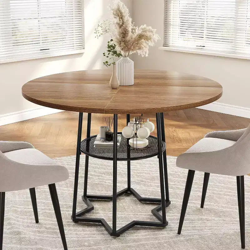 Tavolo da Cucina 38Farmhouse con Base Esagonale in Metallo e Ripiano Portaoggetti, Tavolo da Pranzo Rotondo Moderno per 4 Persone, Piano in Legno Salvaspazio per Cucina, Soggiorno
