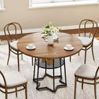 Tavolo da Cucina 38Farmhouse con Base Esagonale in Metallo e Ripiano Portaoggetti, Tavolo da Pranzo Rotondo Moderno per 4 Persone, Piano in Legno Salvaspazio per Cucina, Soggiorno