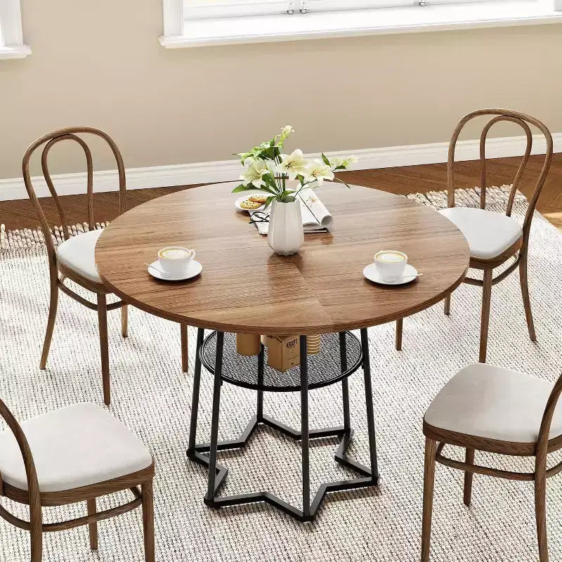 Tavolo da Cucina 38Farmhouse con Base Esagonale in Metallo e Ripiano Portaoggetti, Tavolo da Pranzo Rotondo Moderno per 4 Persone, Piano in Legno Salvaspazio per Cucina, Soggiorno