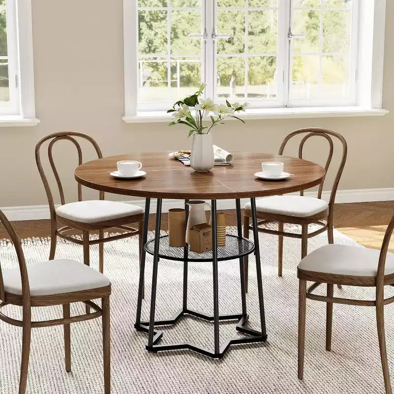 Tavolo da Cucina 38Farmhouse con Base Esagonale in Metallo e Ripiano Portaoggetti, Tavolo da Pranzo Rotondo Moderno per 4 Persone, Piano in Legno Salvaspazio per Cucina, Soggiorno