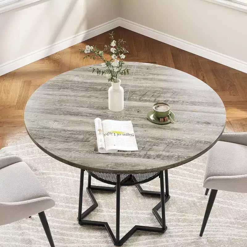 Tavolo da Cucina 38Farmhouse con Base Esagonale in Metallo e Ripiano Portaoggetti, Tavolo da Pranzo Rotondo Moderno per 4 Persone, Piano in Legno Salvaspazio per Cucina, Soggiorno