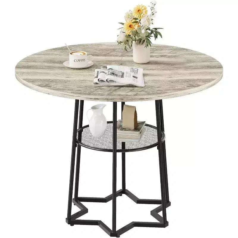 Tavolo da Cucina 38Farmhouse con Base Esagonale in Metallo e Ripiano, Tavolo da Pranzo Rotondo Moderno per 4, Tavolo in Legno per Piccoli Spazi per Cucina, Salotto