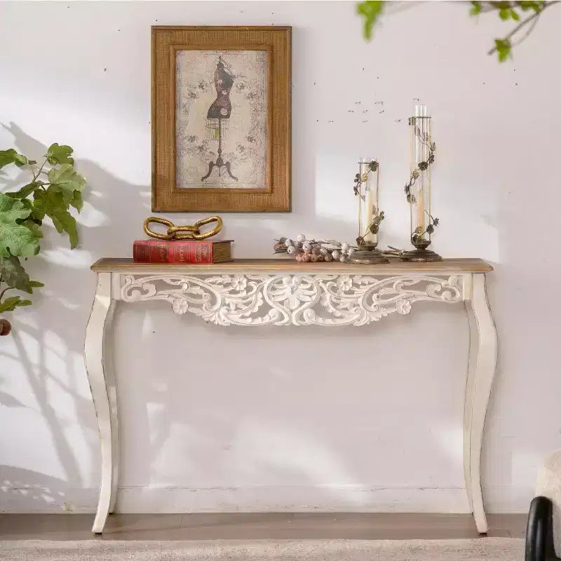 Antique Console Table White Distressed Entryway Table Vintage Sofa Side Table French Country Accent Table with Curved Legs