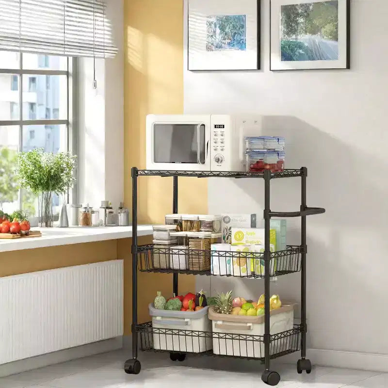3-Tier Rolling Utility Kitchen Cart On Wheels, 272.2 kg Capacity Commercial Grade Utility Cart with Handle Bar, Trolley for Restaurant, Office, Kitchen