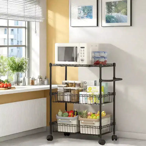 3-Tier Rolling Utility Kitchen Cart On Wheels, 272.2 kg Capacity Commercial Grade Utility Cart with Handle Bar, Trolley for Restaurant, Office, Kitchen