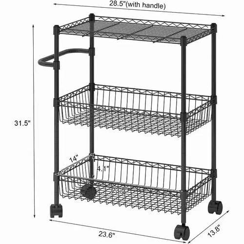 3-Tier Rolling Utility Kitchen Cart On Wheels, 272.2 kg Capacity Commercial Grade Utility Cart with Handle Bar, Trolley for Restaurant, Office, Kitchen
