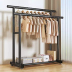 Appendiabiti Doppio con Ruote Heavy Duty - Doppie Barre Appendigruccia e Ripiano Inferiore per Organizzazione Domestica