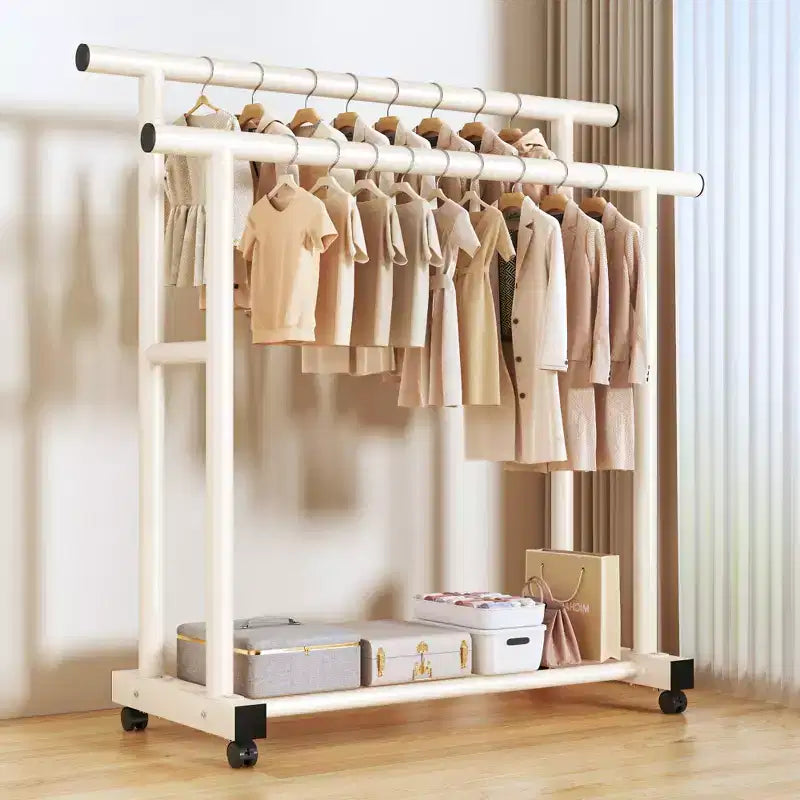 Appendiabiti Doppio con Ruote Heavy Duty - Doppie Barre Appendigruccia e Ripiano Inferiore per Organizzazione Domestica