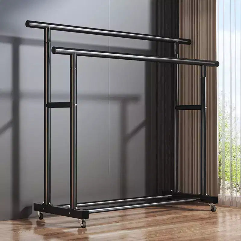 Appendiabiti Doppio con Ruote Heavy Duty - Doppie Barre Appendigruccia e Ripiano Inferiore per Organizzazione Domestica