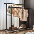 Appendiabiti Doppio con Ruote Heavy Duty - Doppie Barre Appendigruccia e Ripiano Inferiore per Organizzazione Domestica