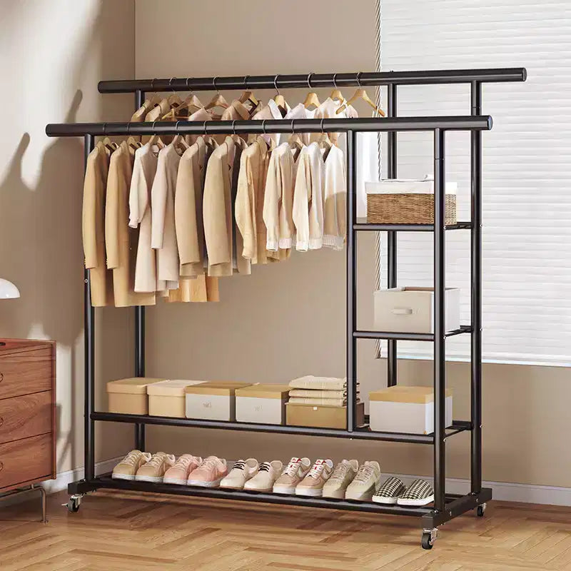 Appendiabiti Doppio con Ruote Heavy Duty - Doppie Barre Appendigruccia e Ripiano Inferiore per Organizzazione Domestica