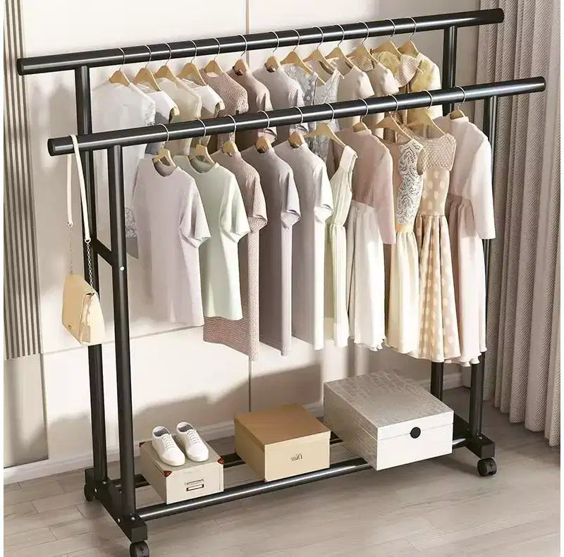 Appendiabiti Doppio con Ruote Heavy Duty - Doppie Barre Appendigruccia e Ripiano Inferiore per Organizzazione Domestica