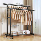 Heavy Duty Rolling Double-Tier Clothes Rack - Double Hanging Rails & Bottom Storage Shelf for Home Organizing