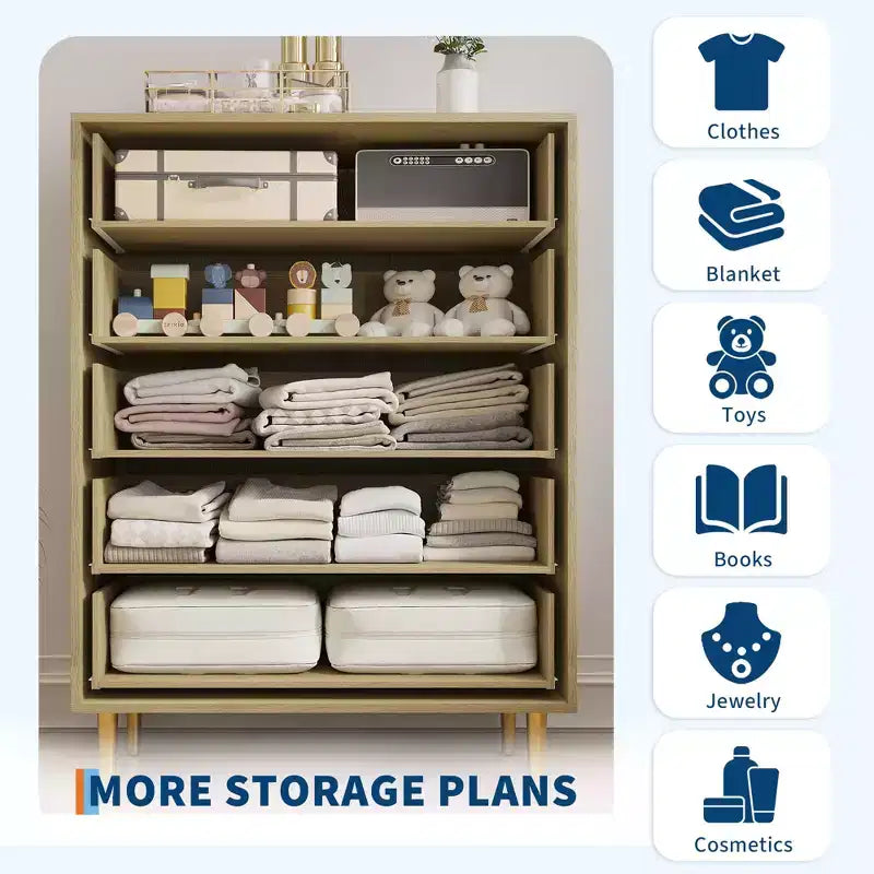 Cassettiera 44 Farmhouse con 5 cassetti, in legno naturale rustico e maniglie a barra per camera da letto e soggiorno