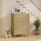 44 Farmhouse Dresser with 5 Drawers, Natural Wood Rustic Chest & Bar Handles for Bedroom & Living Room