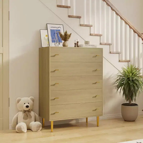 44 Farmhouse Dresser with 5 Drawers, Natural Wood Rustic Chest & Bar Handles for Bedroom & Living Room
