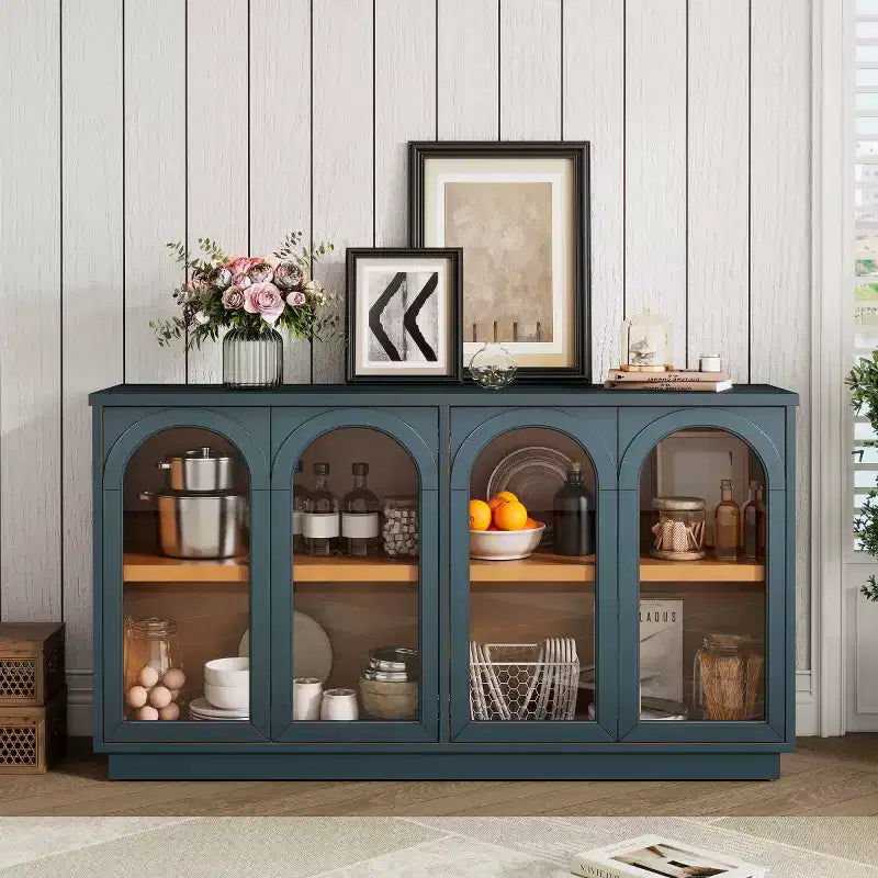 Modern Arched Glass Door Sideboard Buffet Cabinet, Media Console with Adjustable Shelf, Push-to-Open System
