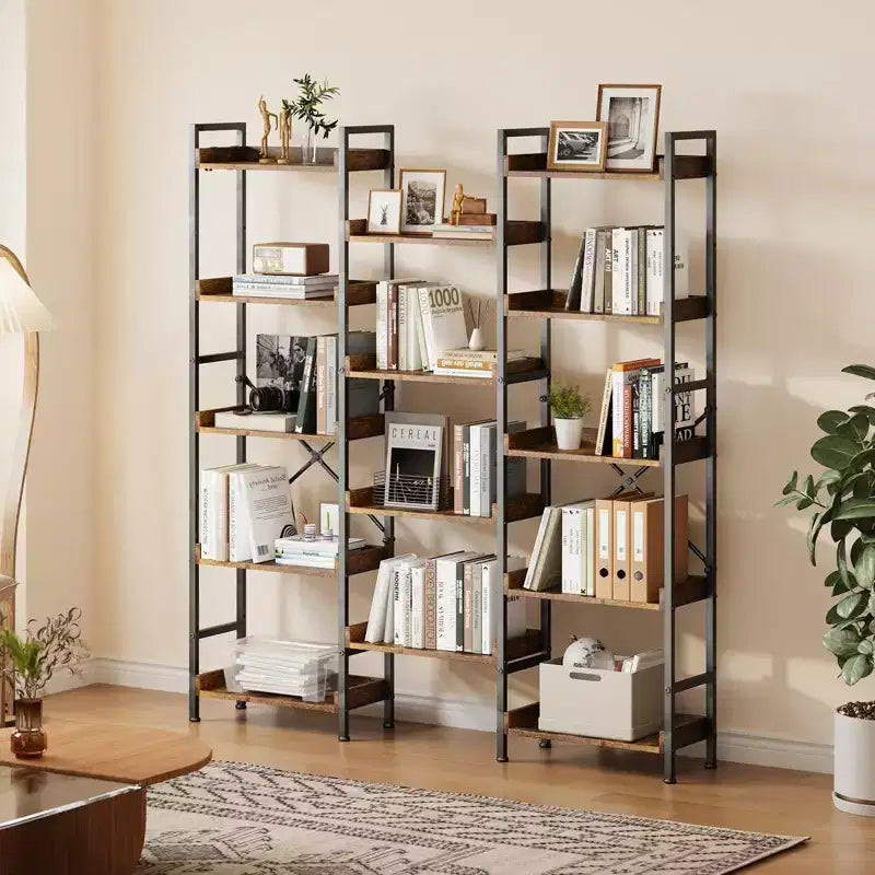 Scaffale, Libreria tripla a 5 ripiani industriale con 14 ripiani aperti, robusta struttura in metallo, portaoggetti rustico marrone