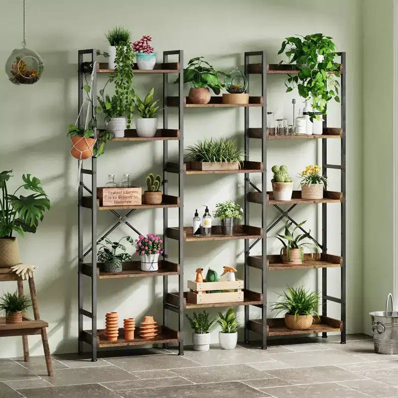 Scaffale, Libreria tripla a 5 ripiani industriale con 14 ripiani aperti, robusta struttura in metallo, portaoggetti rustico marrone
