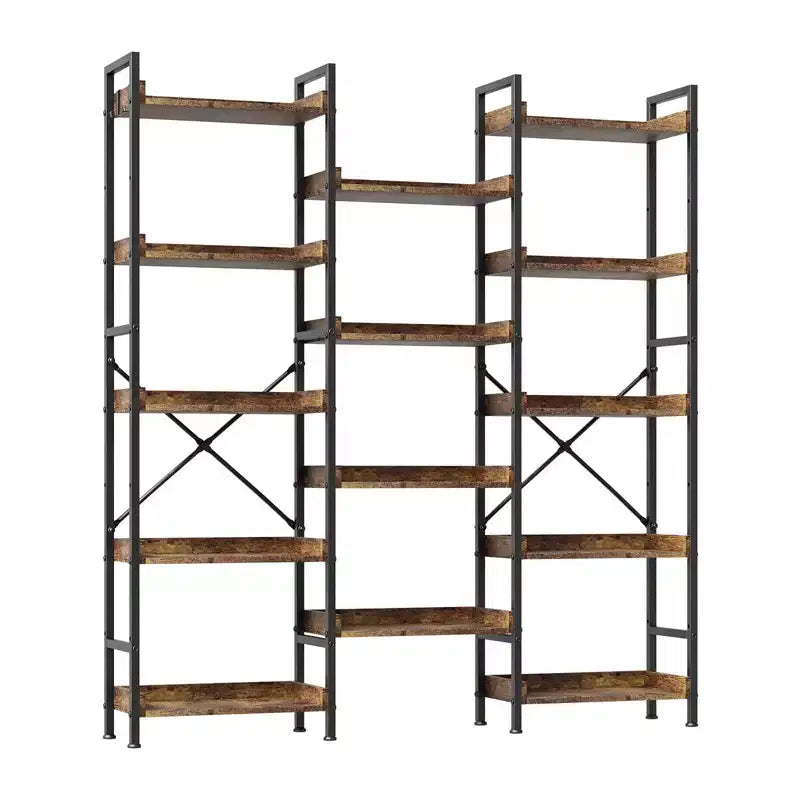 Scaffale, Libreria tripla a 5 ripiani industriale con 14 ripiani aperti, robusta struttura in metallo, portaoggetti rustico marrone