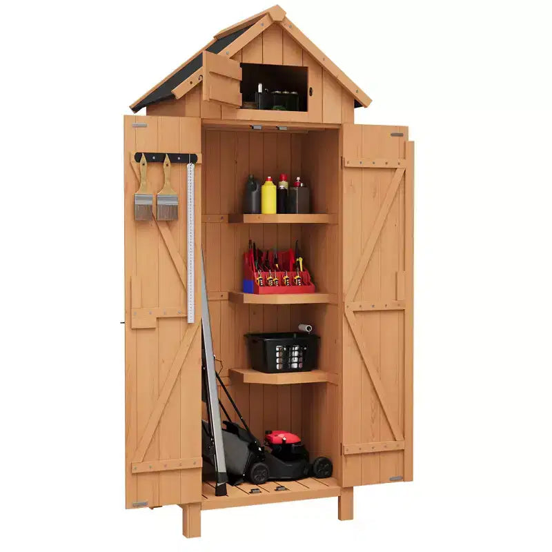 70 Waterproof Wooden Storage Shed with 3 Shelves & Lockable Door, Vertical Garden Tool Cabinet for Patio & Yard