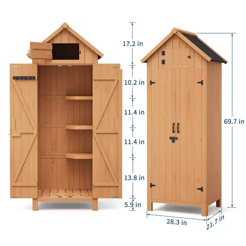Armadio da Esterno Impermeabile in Legno da 70 Pollici con 3 Ripiani e Porta Lucchettabile, Armadietto Verticale per Attrezzi da Giardino per Patio e Cortile