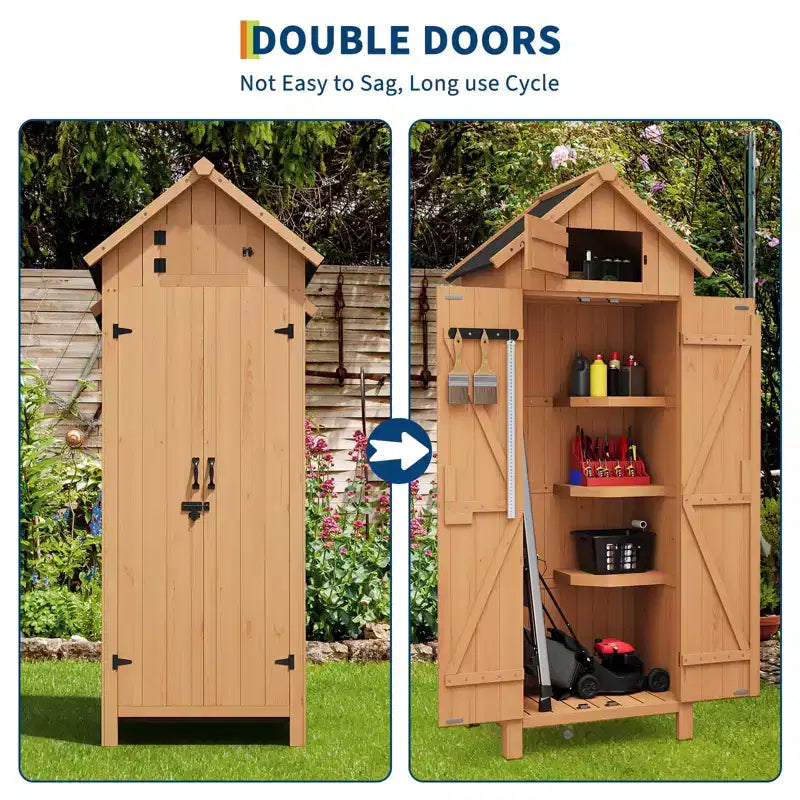 Armadio da Esterno Impermeabile in Legno da 70 Pollici con 3 Ripiani e Porta Lucchettabile, Armadietto Verticale per Attrezzi da Giardino per Patio e Cortile