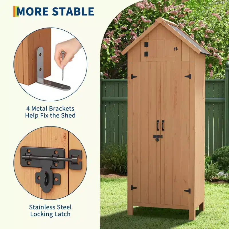 Armadio da Esterno Impermeabile in Legno da 70 Pollici con 3 Ripiani e Porta Lucchettabile, Armadietto Verticale per Attrezzi da Giardino per Patio e Cortile