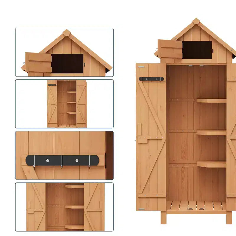 Armadio da Esterno Impermeabile in Legno da 70 Pollici con 3 Ripiani e Porta Lucchettabile, Armadietto Verticale per Attrezzi da Giardino per Patio e Cortile