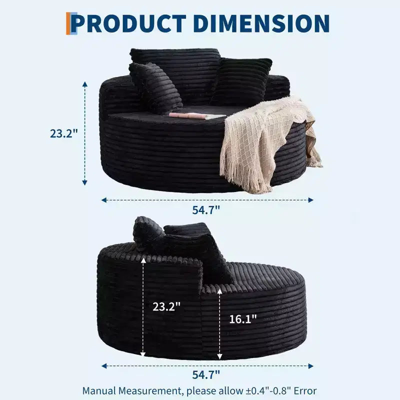 Divano Chaise Lounge Rotondo da Interno Oversize 140x140 cm Moderno Senza Montaggio in Velluto a Coste con 4 Cuscini Profondi a Nuvola Singolo Divano