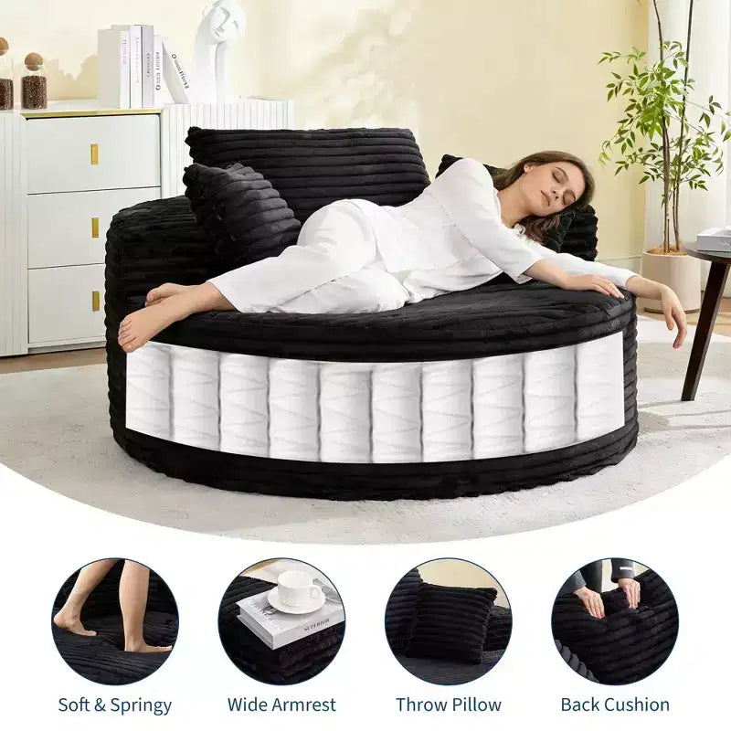 Divano Chaise Lounge Rotondo da Interno Oversize 140x140 cm Moderno Senza Montaggio in Velluto a Coste con 4 Cuscini Profondi a Nuvola Singolo Divano