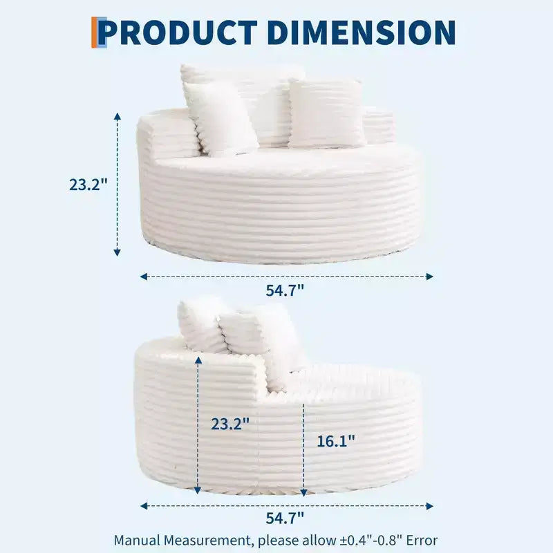 Divano Chaise Lounge Rotondo da Interno Oversize 140x140 cm Moderno Senza Montaggio in Velluto a Coste con 4 Cuscini Profondi a Nuvola Singolo Divano