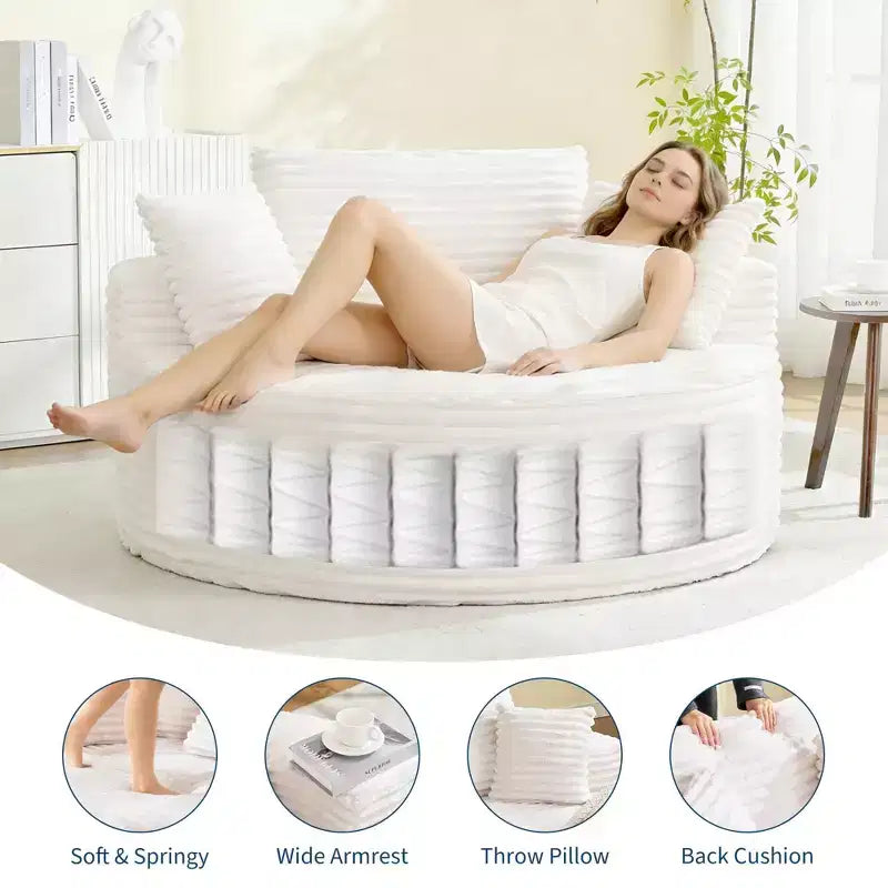 Divano Chaise Lounge Rotondo da Interno Oversize 140x140 cm Moderno Senza Montaggio in Velluto a Coste con 4 Cuscini Profondi a Nuvola Singolo Divano