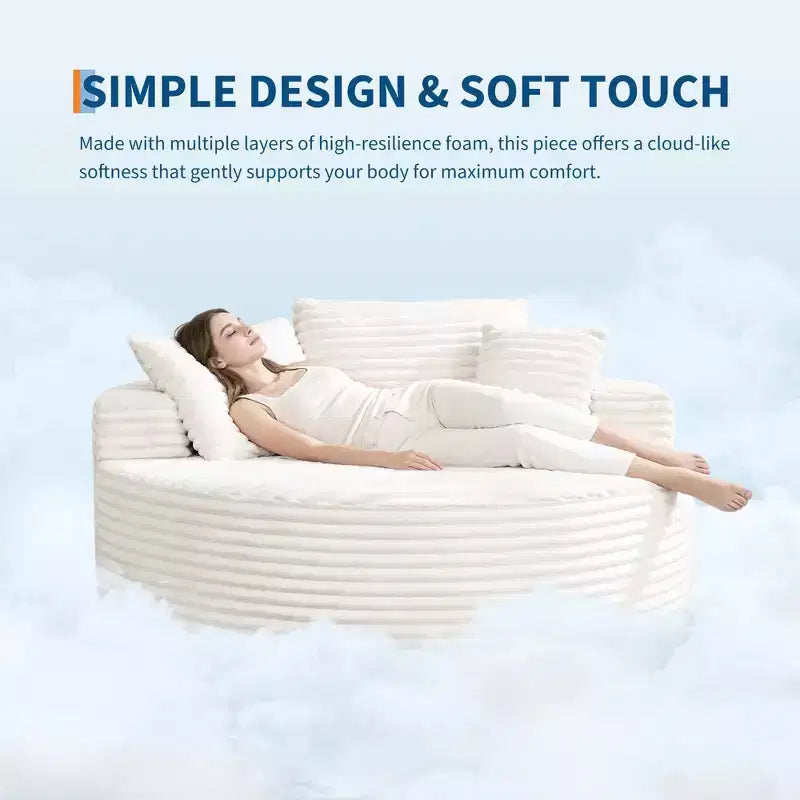 Divano Chaise Lounge Rotondo da Interno Oversize 140x140 cm Moderno Senza Montaggio in Velluto a Coste con 4 Cuscini Profondi a Nuvola Singolo Divano