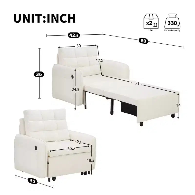 Poltrona Letto 3 in 1, Divano Letto Estraibile Extra Lungo da 80 Pollici, Divano Letto Singolo in ciniglia con Tasche portaoggetti