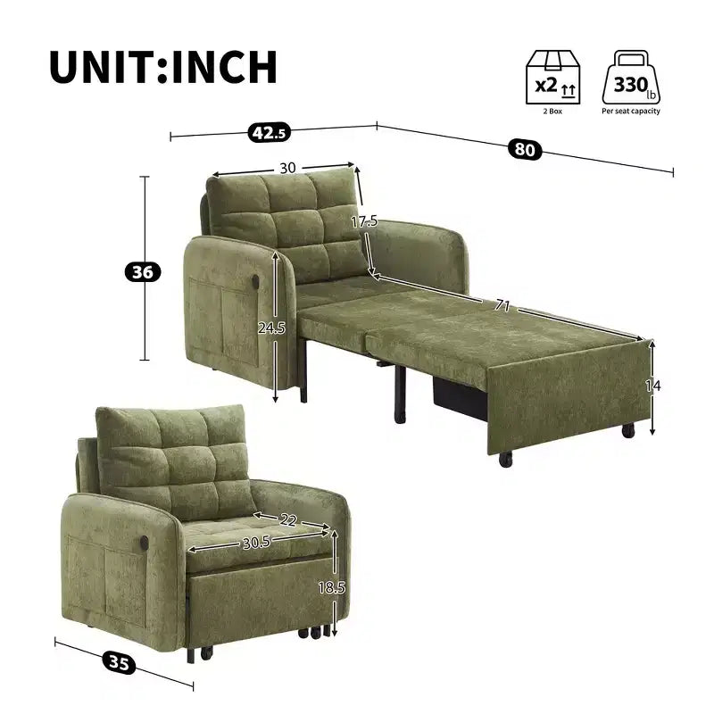 Poltrona Letto 3 in 1, Divano Letto Estraibile Extra Lungo da 80 Pollici, Divano Letto Singolo in ciniglia con Tasche portaoggetti