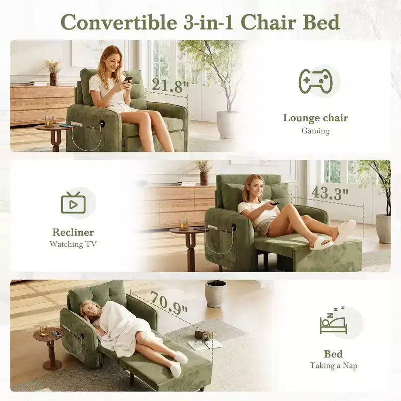 Poltrona Letto 3 in 1, Divano Letto Estraibile Extra Lungo da 80 Pollici, Divano Letto Singolo in ciniglia con Tasche portaoggetti