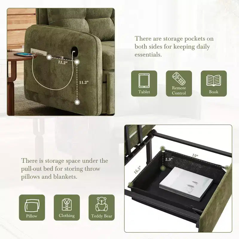 Poltrona Letto 3 in 1, Divano Letto Estraibile Extra Lungo da 80 Pollici, Divano Letto Singolo in ciniglia con Tasche portaoggetti