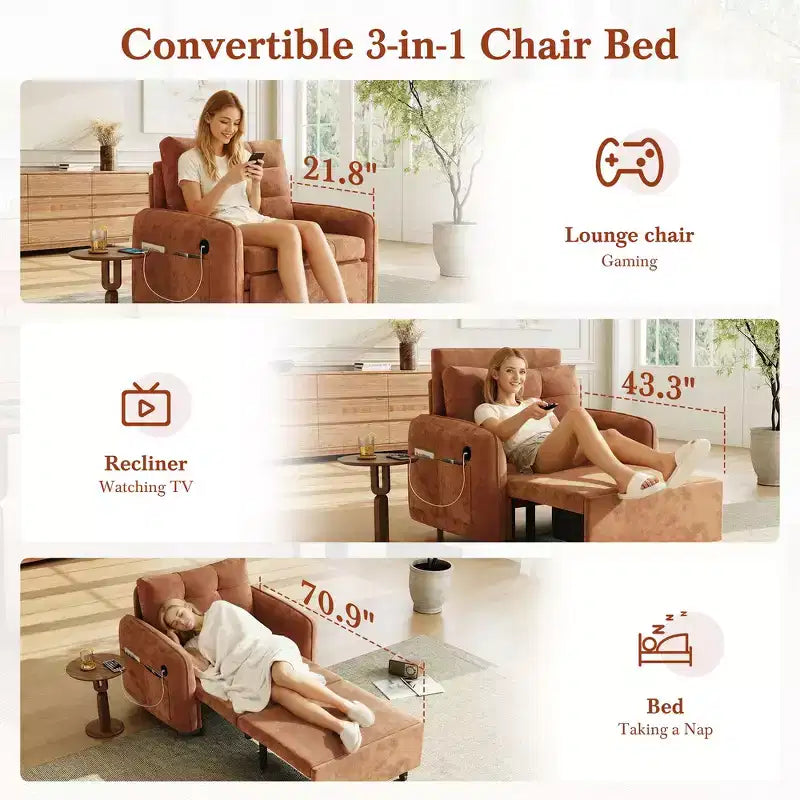 Poltrona Letto 3 in 1, Divano Letto Estraibile Extra Lungo da 80 Pollici, Divano Letto Singolo in ciniglia con Tasche portaoggetti