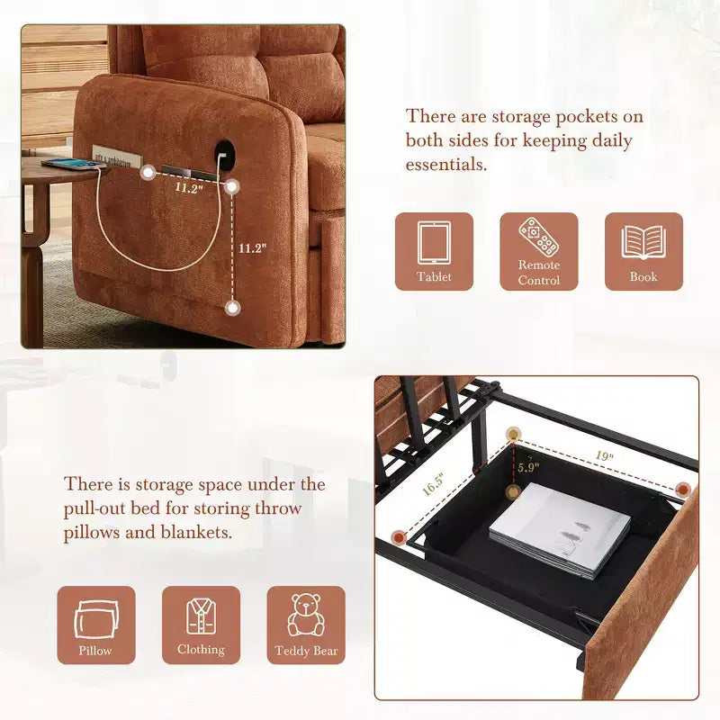 Poltrona Letto 3 in 1, Divano Letto Estraibile Extra Lungo da 80 Pollici, Divano Letto Singolo in ciniglia con Tasche portaoggetti