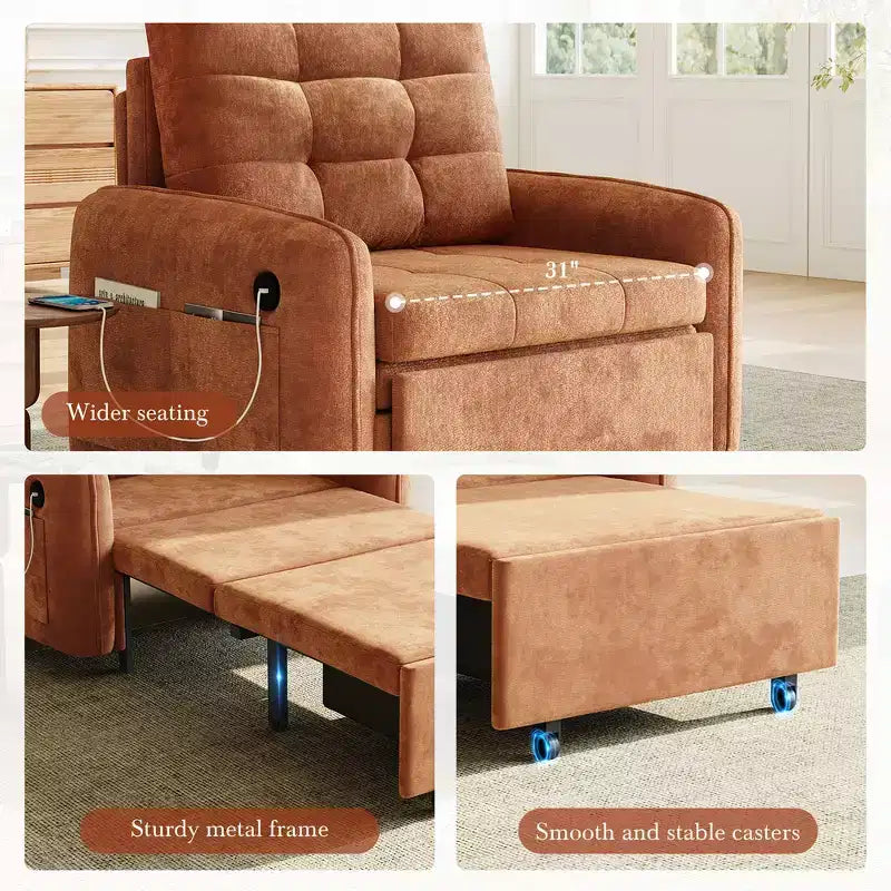 Poltrona Letto 3 in 1, Divano Letto Estraibile Extra Lungo da 80 Pollici, Divano Letto Singolo in ciniglia con Tasche portaoggetti